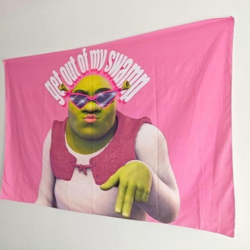 Tapestry  Funny Shrek Pink Tapestry 3x5 Get Out Of My Swamp Meme Tapestry Wall Hanging Dorm Backdrop Home Decor for Bedroom Living Room Decorative Landscape Table Light Peach Velvet Decoration