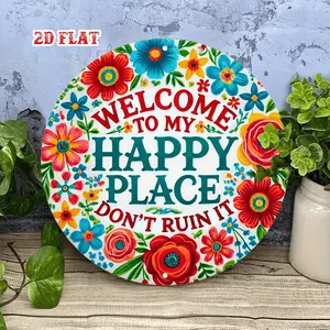 Elegant 2d Flat Floral Welcome Round Aluminum Sign for Rustic Wall Decor