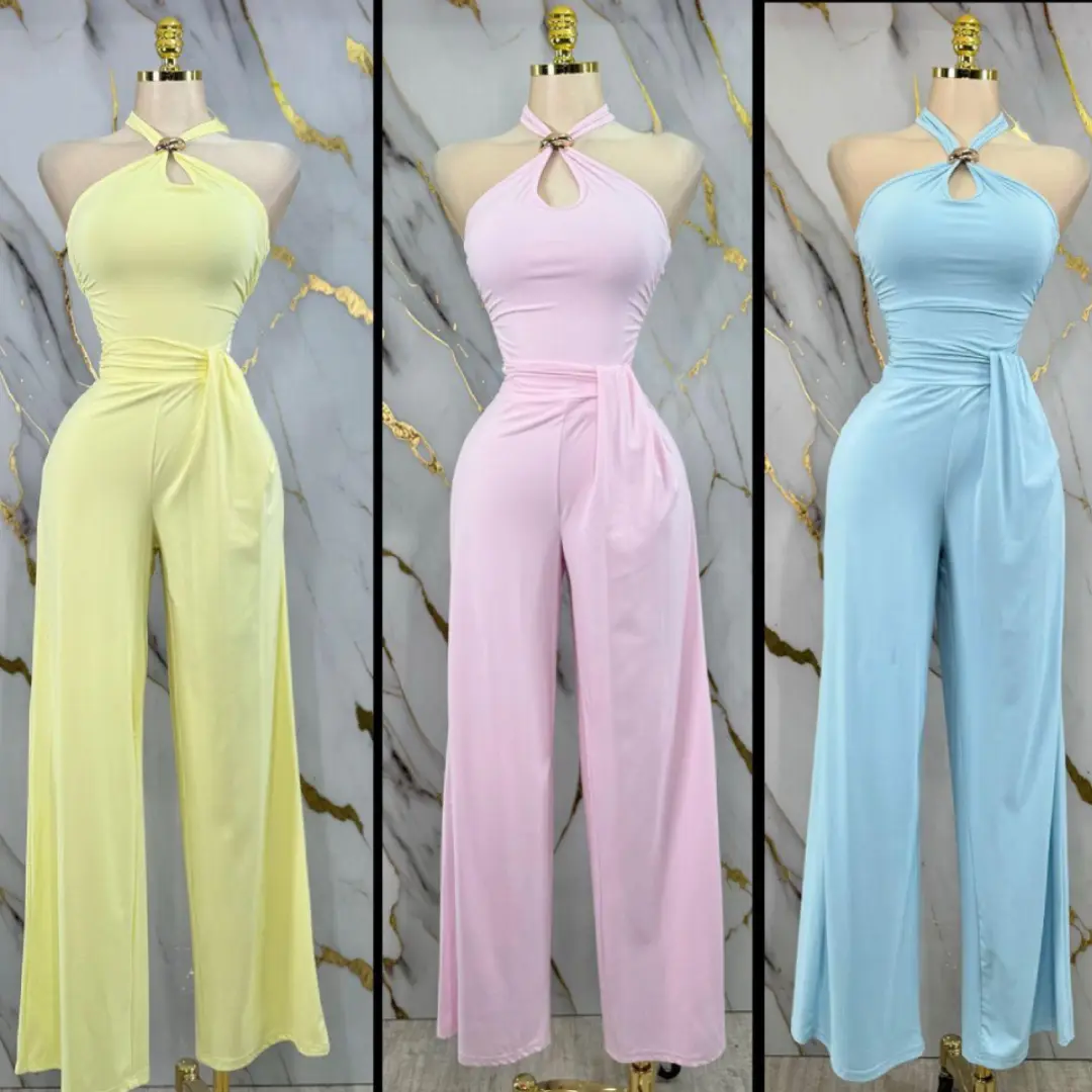 Sky Blue Goddess 2-Piece Set – Halter Keyhole Top & Wide Leg Pants