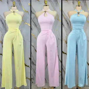 Sky Blue Goddess 2-Piece Set – Halter Keyhole Top & Wide Leg Pants