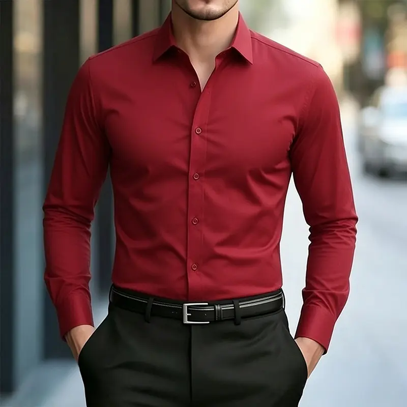 Men's Slim Fit Solid Dress Shirt, Wrinkle-Free Smooth Cotton Blend Fabric, Long Sleeve Button Down Top for Business & Formal Suit Wear, Formal Wear, Tops, Classic, Polyester, Longsleeves, Elegant, Wash Free, Business Wear