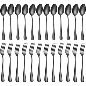 24pcs Black Forks and Spoons Silverware Set Durable Dishwasher Safe Stainless Steel Black Silverware for Home Kitchen