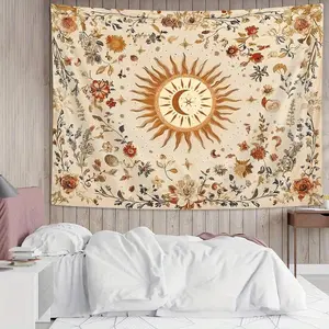 1 piece Bohemian floral tapestry, vintage sun and moon floral natural beige tapestry wall hanging for bedroom or living room Tapestry Room Decor with free installation tools