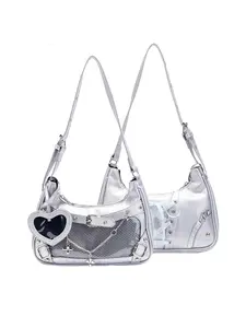 【Cute & Compact】Japanese Anime "Ita Bag" - Small Clear Badge Display Shoulder Bag with Silver Heart Charm Daily one shoulder underarm handbag, suitable for students and girls to use