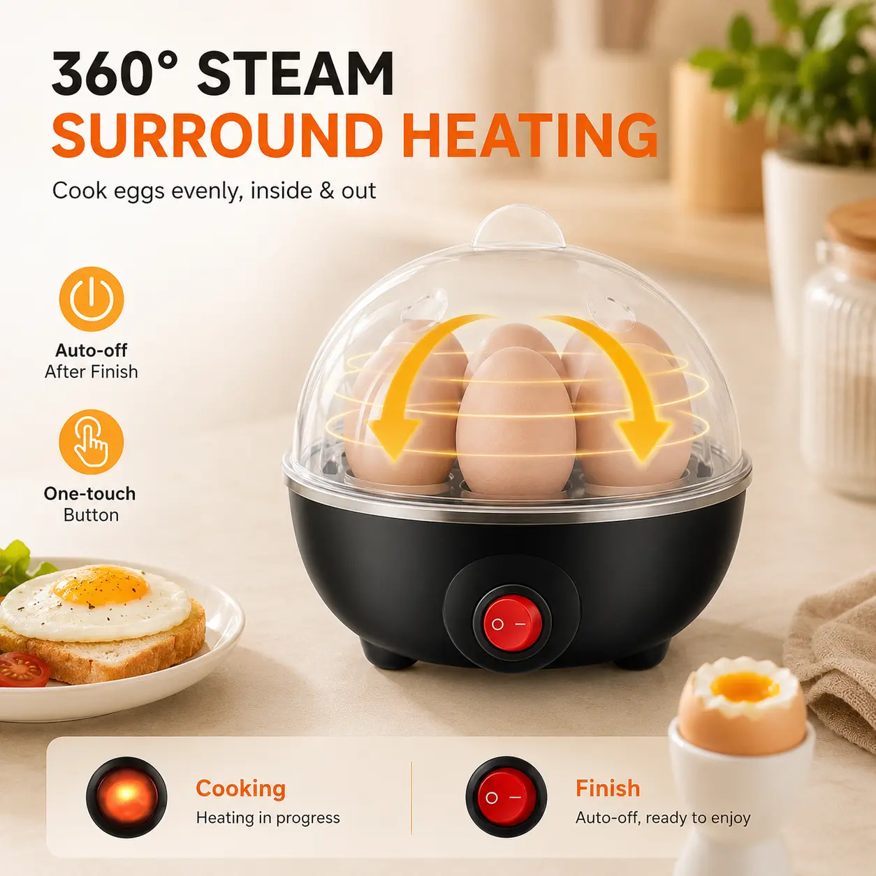 7 Eggs Capacity Electric Egg Cooker, 304 Stainless Steel Rapid Egg Boiler With Measuring Cup & Egg Poacher, Automatic Hard Soft Medium Boiled Egg Maker With Overheating Protection Auto Shut Off, Easy Clean Compact Appliance For Home Breakfast Cooking