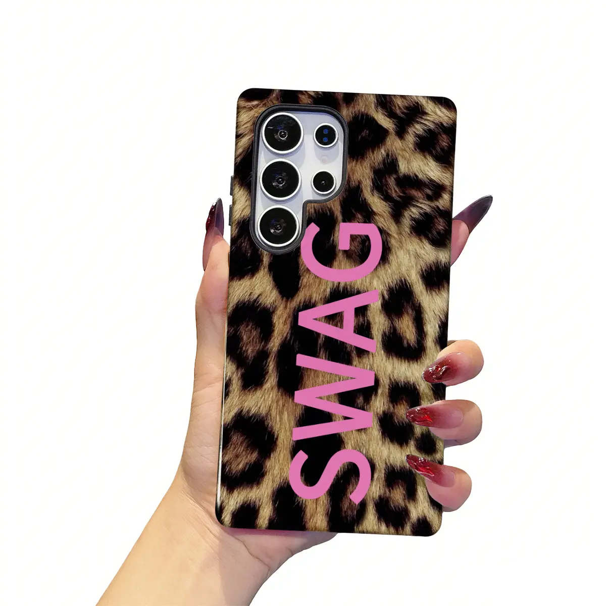 SWAG and Brown Leopard Print Pattern Phone Case for Samsung Galaxy S26 Ultra S25 Edge S24 Plus S23 FE S22 S21 Shockproof Durable 2 in 1 Protective Cellphone Casing Cover