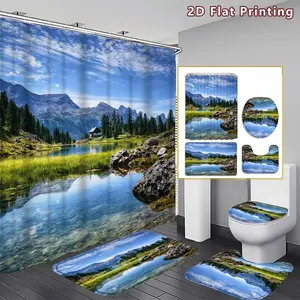 4PCS Mountain Lake Shower Curtain set, Blue Sky and Mountainous Landscape Bathroom Decor, Accessories with Bath Mat, U-shaped Mat, Toilet Lid Cover, 12 Hooks 180x180cm Curtain, Nature Enthusiast, Home Decor, bathroom accessories