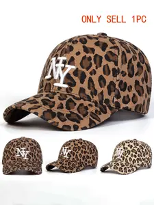 Unisex Leopard Print with Letter Embroidery, Adjustable Sun Protection Hat, Casual Fitted Outdoor Travel Beach Vacation, Animal Print Snapback