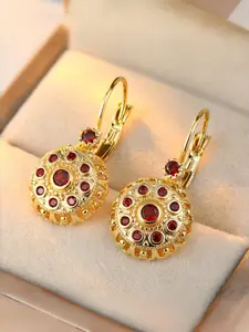 Elegant Flower Golden Color Synthetic Red Zircon Drop Dangle Earrings for Women Ethnic Style Earring Creative Party Jewelry Accessories Gifts