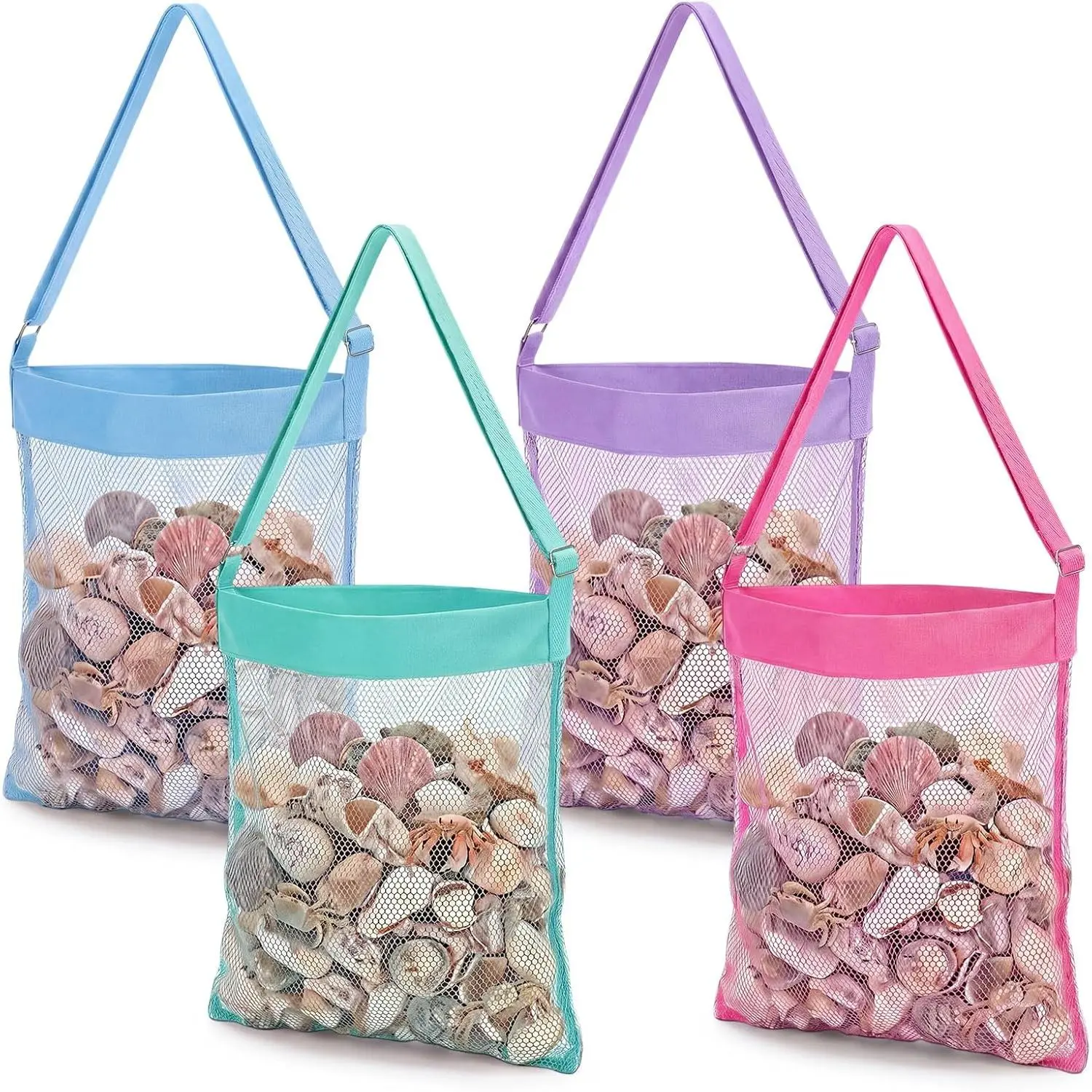 4 count  14 x 16inch Clam Mesh Chum Beach Bags for Seashells Clams Treasures Sand  Foldable Shell Collection Bags with Adjustable Straps (,,Blue,Light Green)