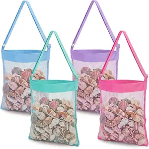 4 count  14 x 16inch Clam Mesh Chum Beach Bags for Seashells Clams Treasures Sand  Foldable Shell Collection Bags with Adjustable Straps (,,Blue,Light Green)