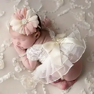 Lace Newborn Girls Photography Prop Cute Baby Girl Tutu Dress with Flower Headband Infant Photo Shoot Outfits Bow Tulle Skirt White