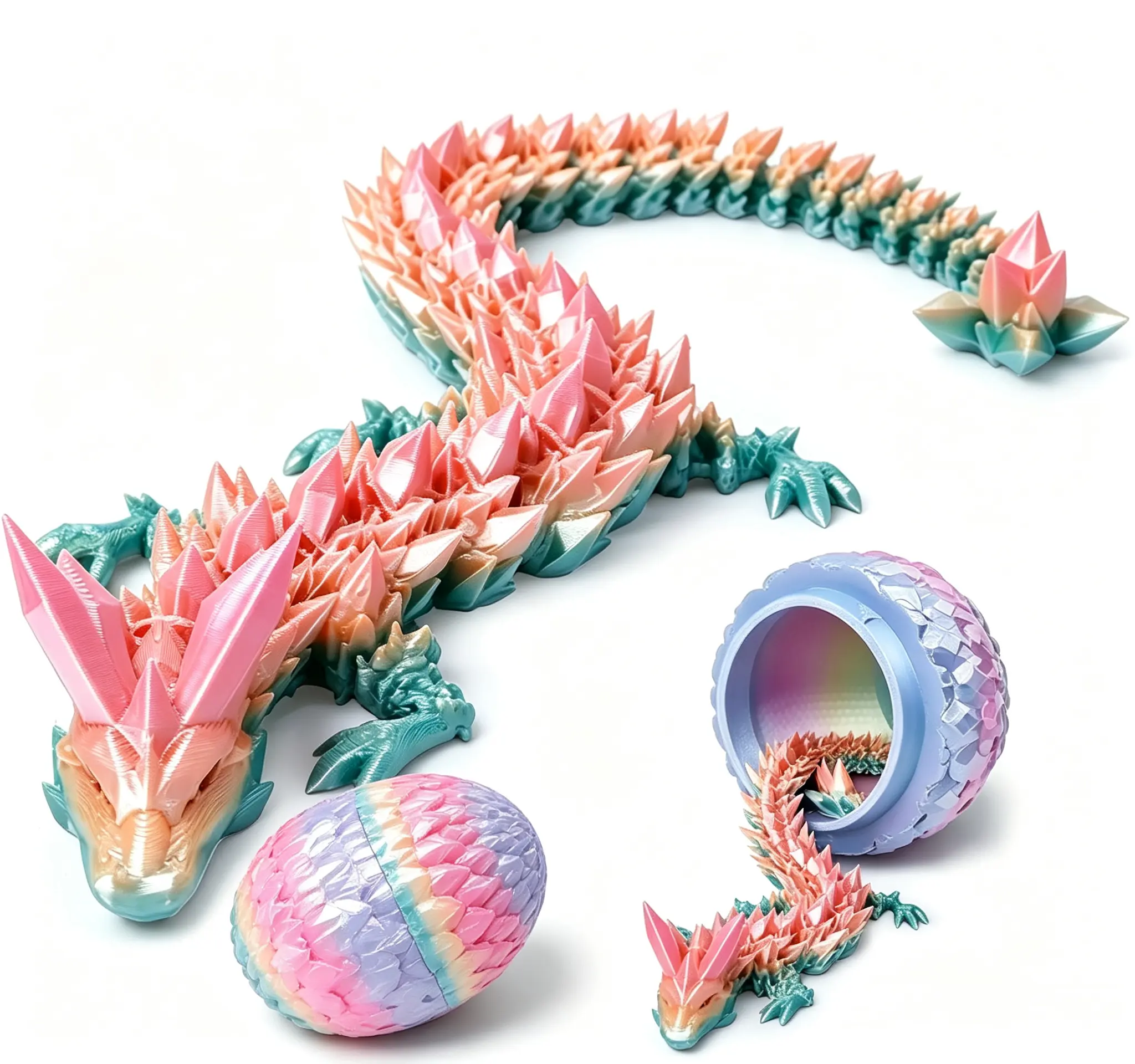 3D Printed Dragon Egg With 12 Inch Dragon Flexilole Stress Relief Fidget Toy Desk Pet Decor Ornament Christmas Stocking Stuffer Birthday Gift For Teens Adults Rainbow Color
