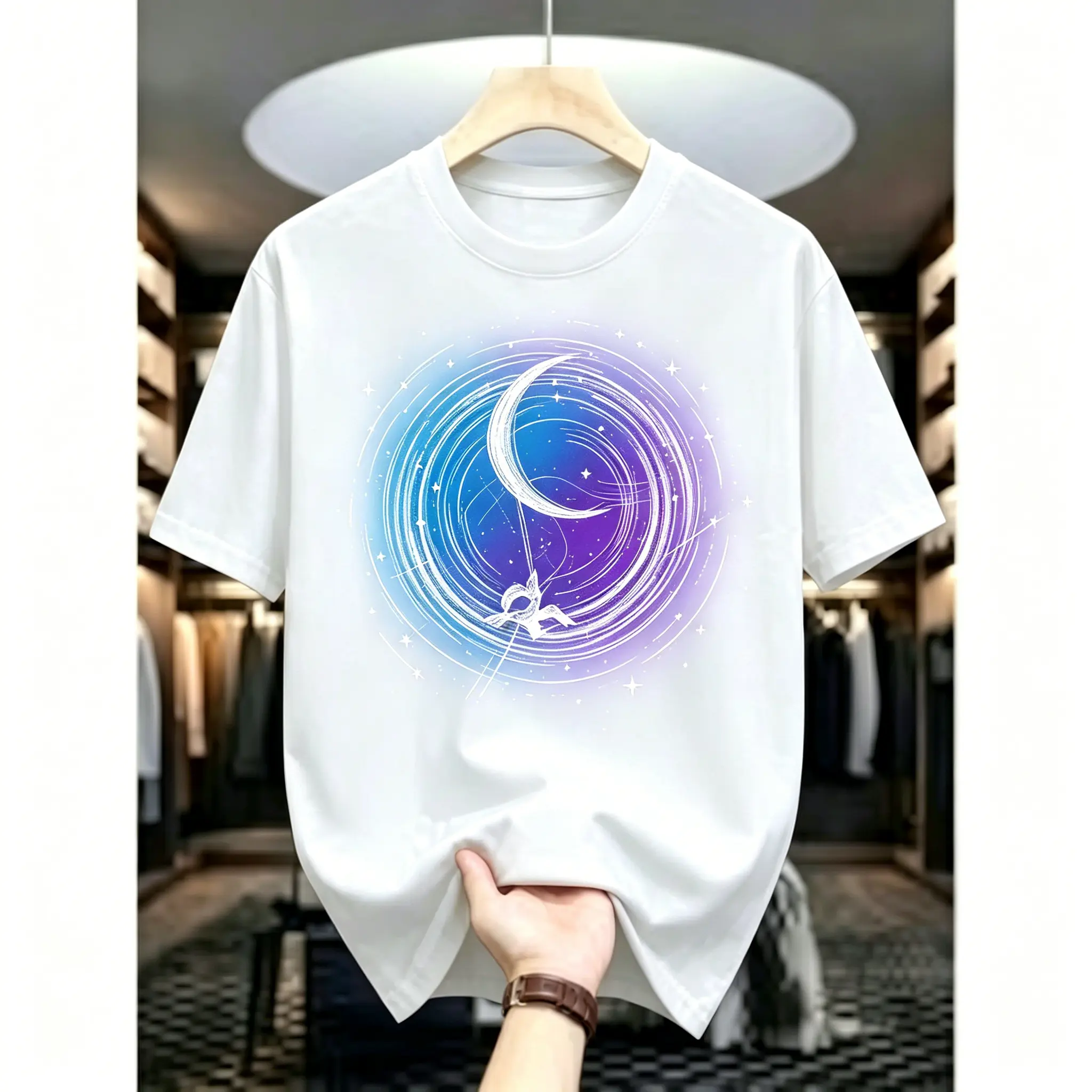 Oversized Galaxy Print Sports Top, Celestial Moon Swirl Graphic Pure Cotton Clothing, All Season Sport & Outdoor Tee