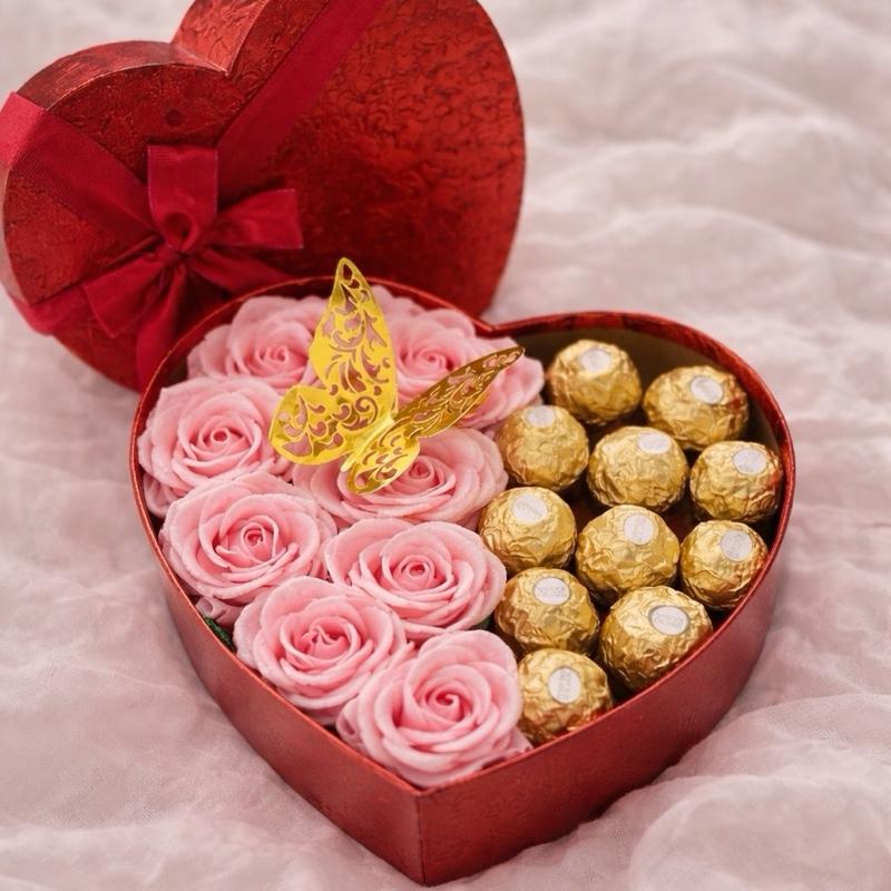 Thelis Luxury Eternal Flower Box with Red Roses and Gold Ferrero Rocher Chocolates in Heart Shape Packaging