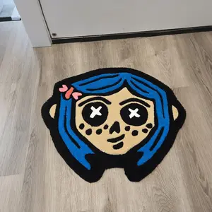 Blue Hair Starry Eyed Freckled Girl Area Rug, Kawaii Rug, Cute Plush Bedroom Carpet for Cozy Ambience, Non-Slip Mat for Home Decor