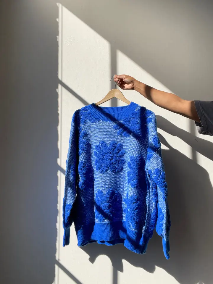 Mable ￼Cotton Oversized Chunky Floral Knit Pullover Sweater In Cobalt Blue ￼