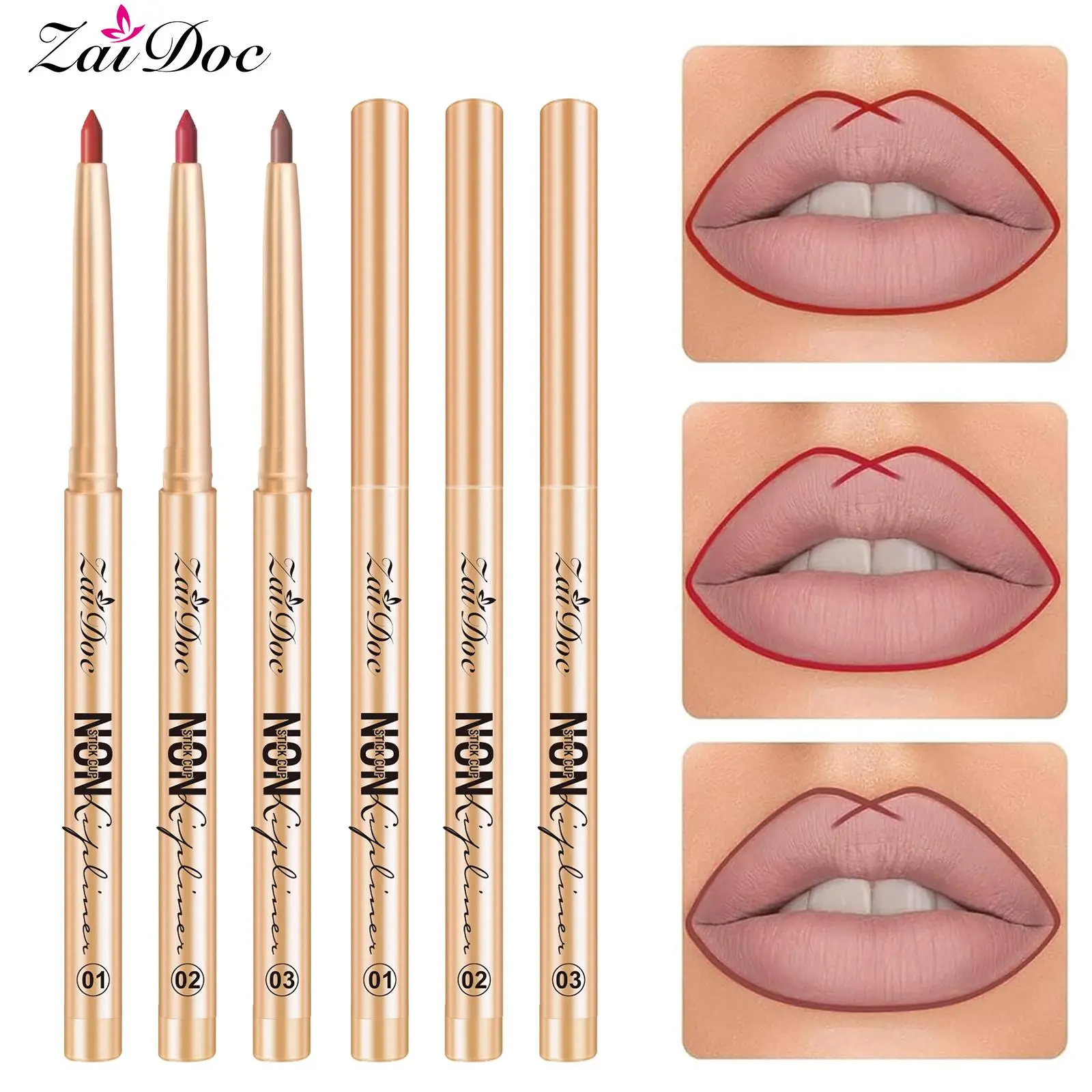 ZaiDoc Non-Smudge Lip Liner Set: Long-Lasting Waterproof Pencils for Precise Lip Contour & Defined, Full Lips (3 Shades)
