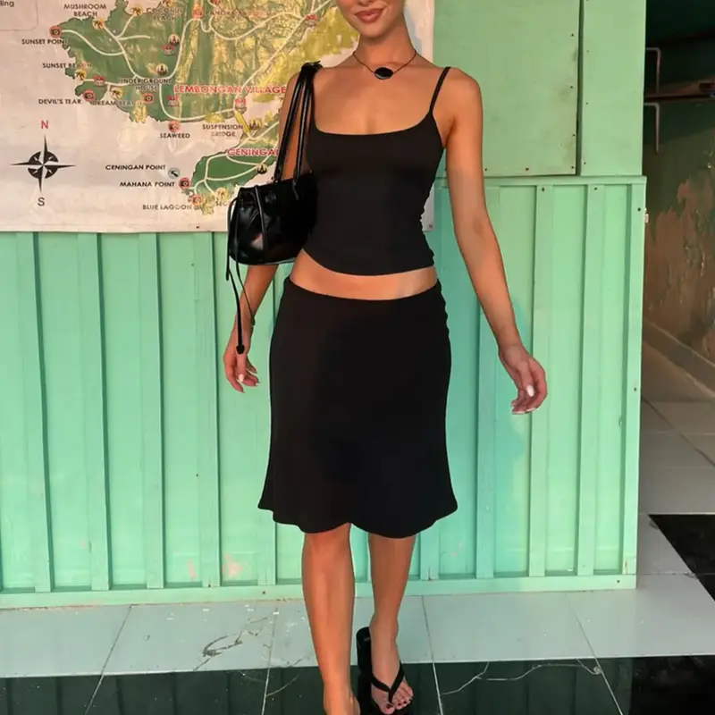 Women's Two-piece, Fitted Solid Color Sleeveless, Spaghetti Strap Cami Top & Bodycon Midi Skirt Set, Backless Adjustable Strap, Party Club Date Holiday Outfits, Ladies Daily Casual Suits Sets Summer Clothes, Casual Chic, Skirt and Top Set
