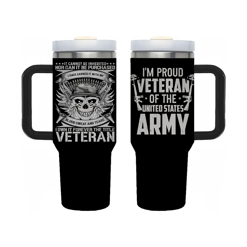 40oz US Army Veteran Tumbler with Handle, Insulated Stainless Steel Coffee Cup, Proud Veteran Patriotic Skull Design Travel Mug, Gifts for US Army Veterans, Military Men, Patriotic Gifts, Veterans Day
