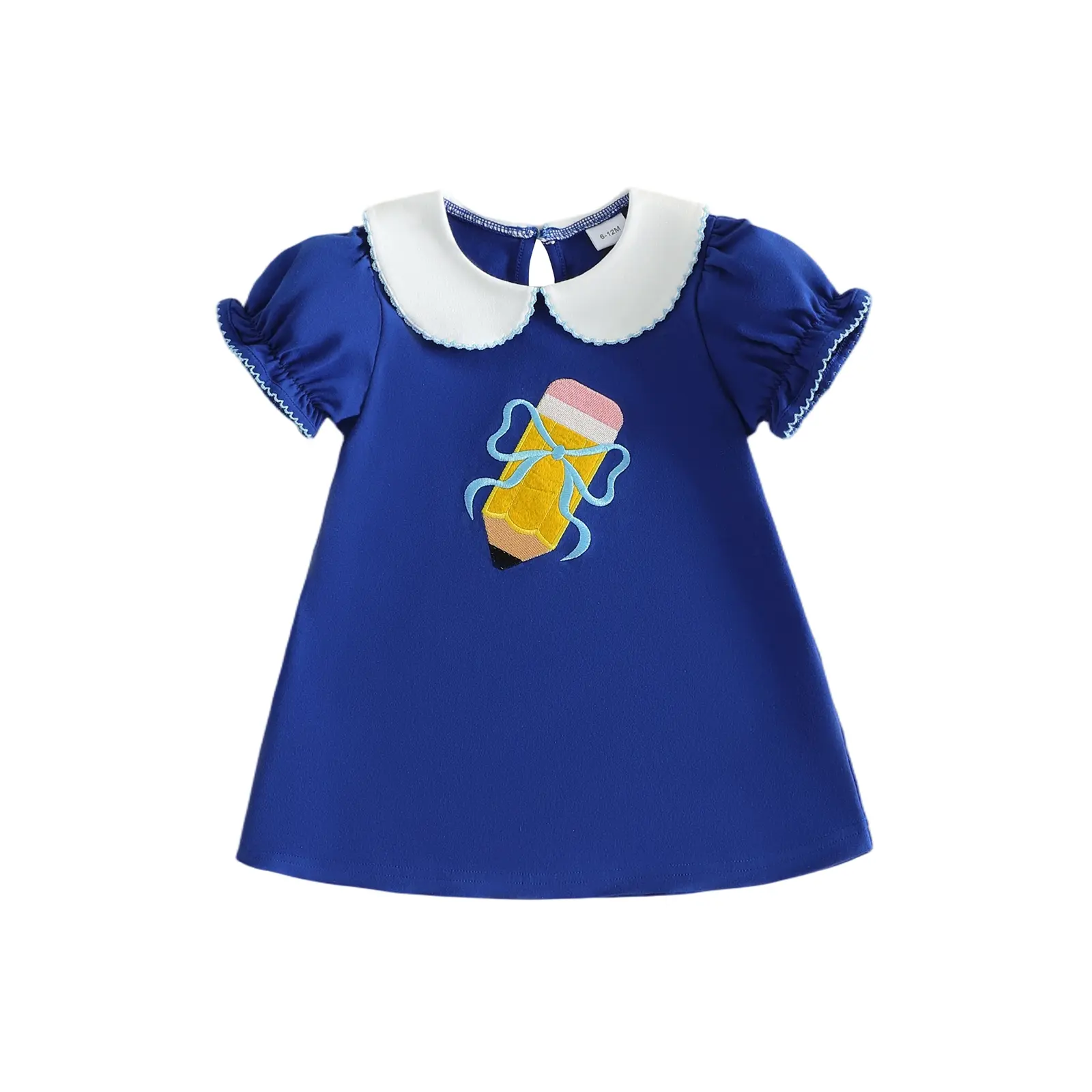 Toddler Baby Little Girl Back to School Dress Short Sleeve Doll Collar Bow Pencil Embroidery A-Line Casual Dress 2-7 Years
