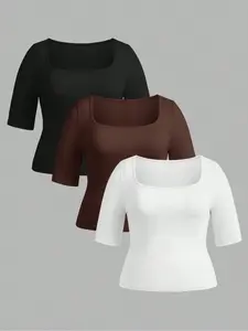 Women's Slim-Fit Knitted Square Neck Short Sleeve Basic T-Shirt Set, Casual Everyday Summer Tops, Plain Pattern, Moderate Fabric, Plus Size