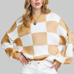 Shewin 2026 Cozy Oversized Checkerboard Knit Sweater Women's Soft V-neck Long Sleeve Pullover Perfect for Layering & Casual Outfits
