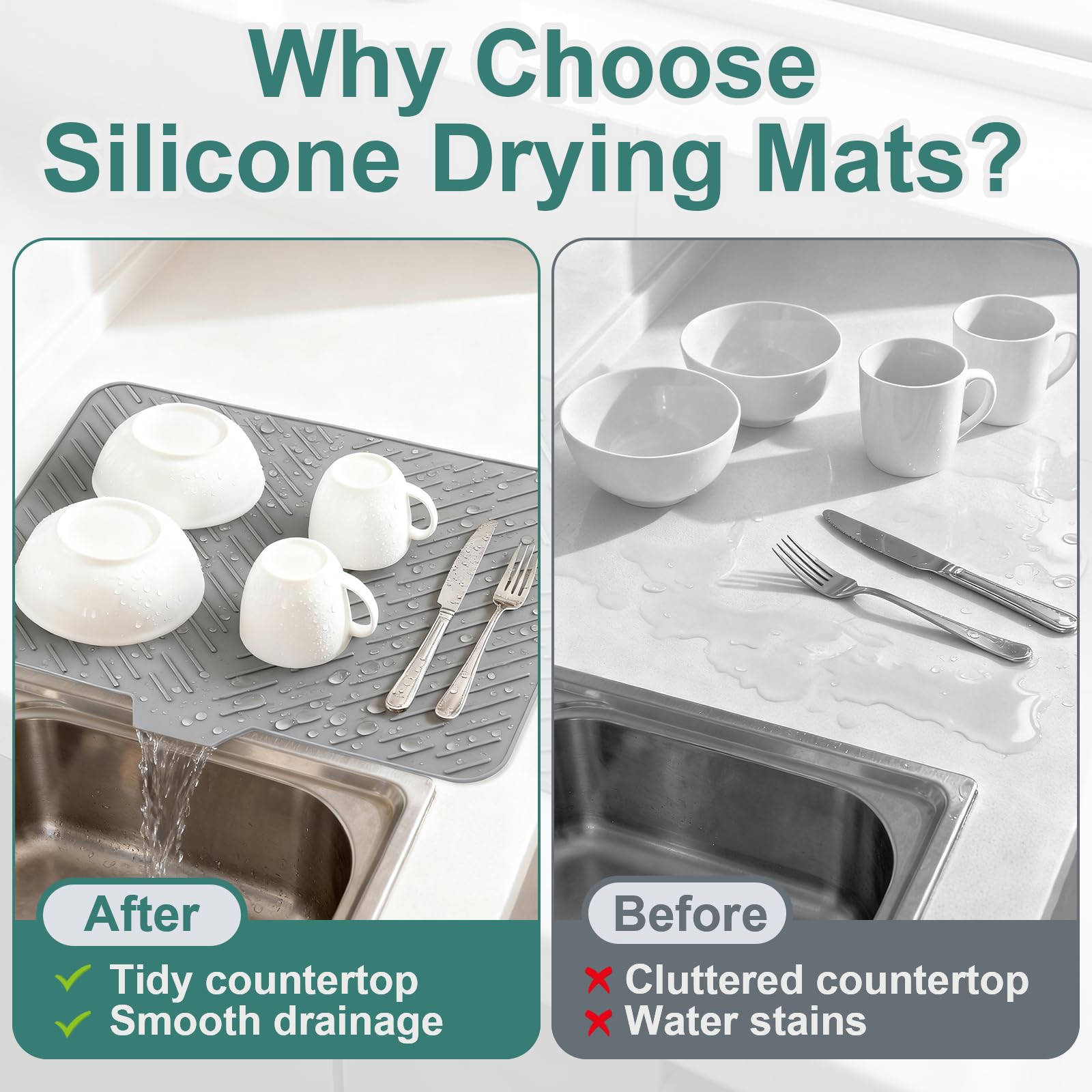 Rectangular Silicone Dish Drying Mat - 23x17in, Multi-Size, Self-Draining, Built-In Drain Lip, Heat-Resistant, BPA-Free, Durable, Waterproof, Non-Slip Kitchen Placemat That Efficiently Dries Dishes, Enhances Kitchen Functionality for Counters & Tableware