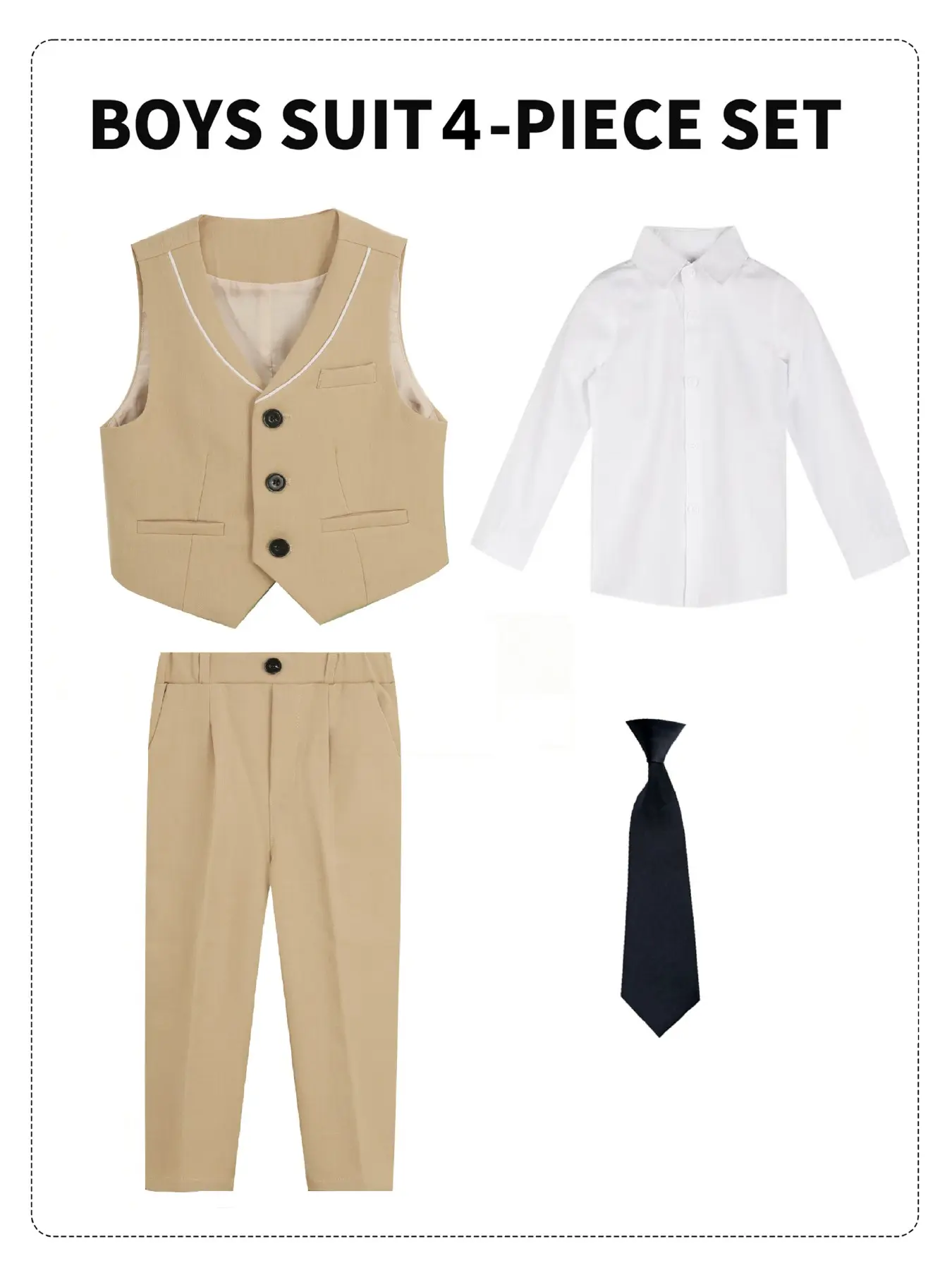 Boys' Elegant 4-Piece Tuxedo Mixed Set (Shirt + Contrast Edge Vest + Trousers + Black Tie) Single-Breasted Style, Classic Sets, Great for Weddings, Graduations & Formal Functions Clothes Sets