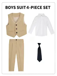 Boys' Elegant 4-Piece Tuxedo Set (Shirt + Contrast Edge Vest + Trousers + Black Tie) Single-Breasted Style, Great for Weddings, Graduations & Formal Functions