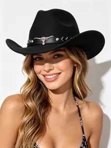 1pcs Bull Head Western Cowboy Hat, All-Season Felt Hat, Unisex Bent Brim Jazz Hat, Fashion Photo Prop, Gift for Men and Women
