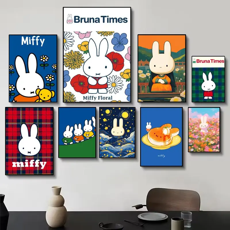 Cute Cartoon M-miffyS Poster HD self-adhesive fade-proof waterproof wrinkle-resistant poster stickers suitable for living room bedroom dormitory cafe bar background decoration wallpaper and gifts