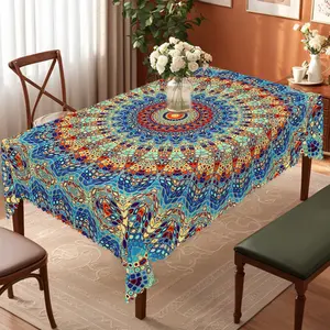 PLUMLIK Vibrant Boho Tablecloth, Colorful Retro Bohemian Round Rectangle Tablecloth, Exotic Style Decoration for Outdoor Indoor, Suitable for  Farmhouse Courtyard Thanksgiving Day Christmas Party, Daily Holiday Kitchen Restaurants, Home Dorm Accessories