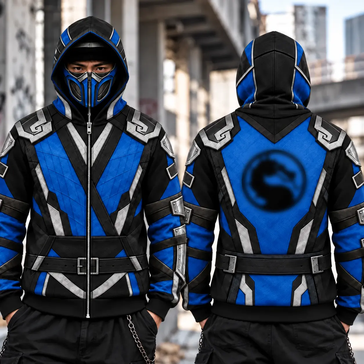Dragon Warrior Full Zip Face Cover Hoodie, Armor Graphic Print Jacket, Built-In Balaclava Mask Sweatshirt, Oversized Unisex Fleece Hoodie, Japanese Ninja Inspired Y2K Streetwear, Fantasy Cosplay Zip Up Jacket for Men and Women