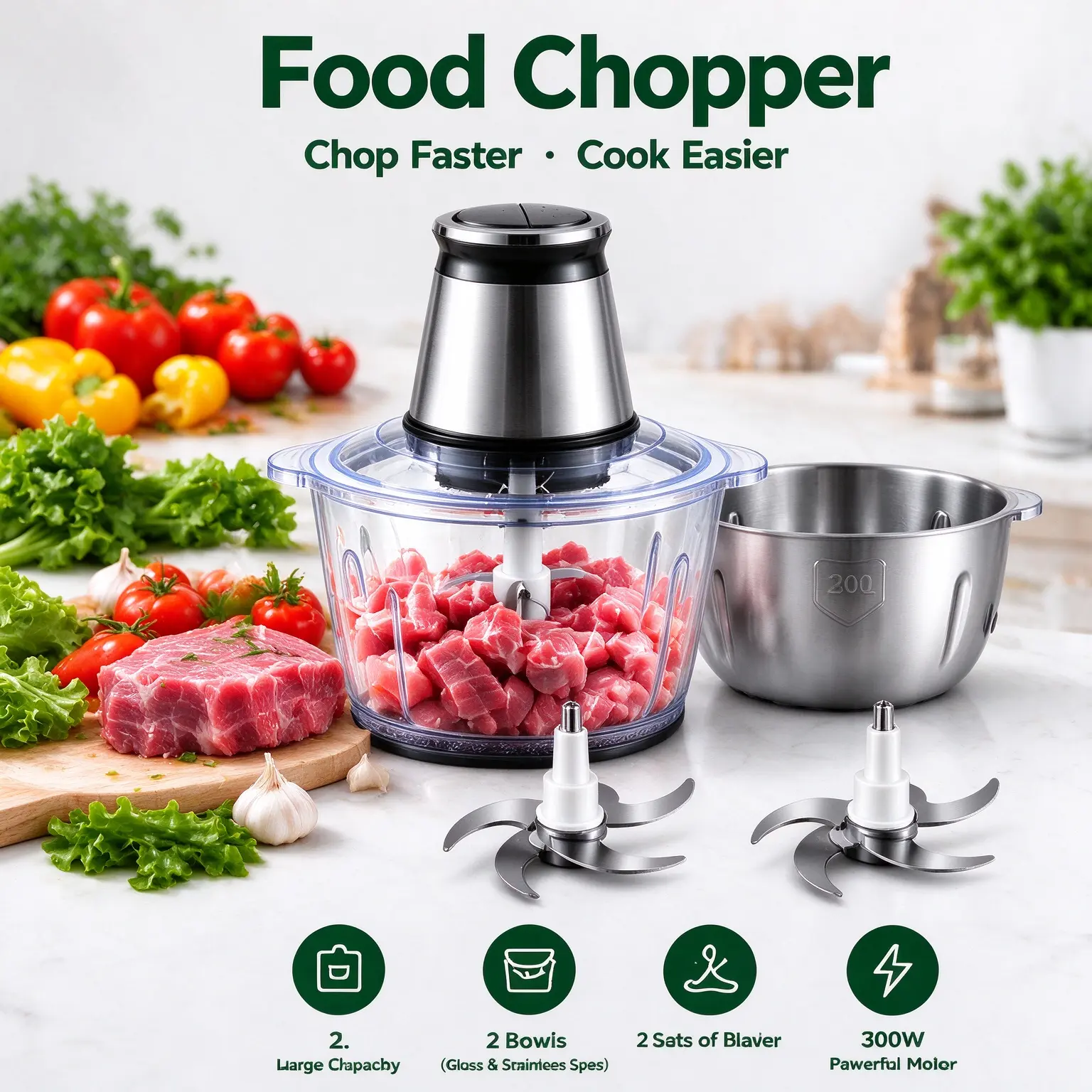 Electric Food Chopper, 2L Large Capacity, 300W Powerful Motor, 2 Bowls (Stainless Steel & PVC), 2 Sets of Stainless Steel Blades, Multi-Purpose Food Processor for Meat, Vegetables, Nuts and Garlic