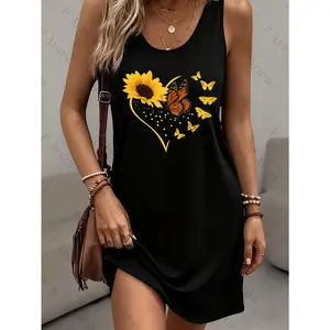 A Vacation Dress in Bohemian Style That Has a Relaxed Tank Top Design Adorned with a Pattern of "Butterfly Sunflower Heart." It'S Stylish And Comfy, Perfect for Different Events And Includes Pockets