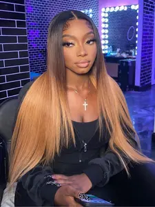 Brown 3-Tone 13x4 Lace Front Wig Dark Brown to Warm Blonde Ombre Straight Wig Free Part Color-Melt Ombre Synthetic Wig Pre-Plucked Natural Hairline Concert Look Coachella Festival Dress Code Lace Frontal Wigs 28 Inches