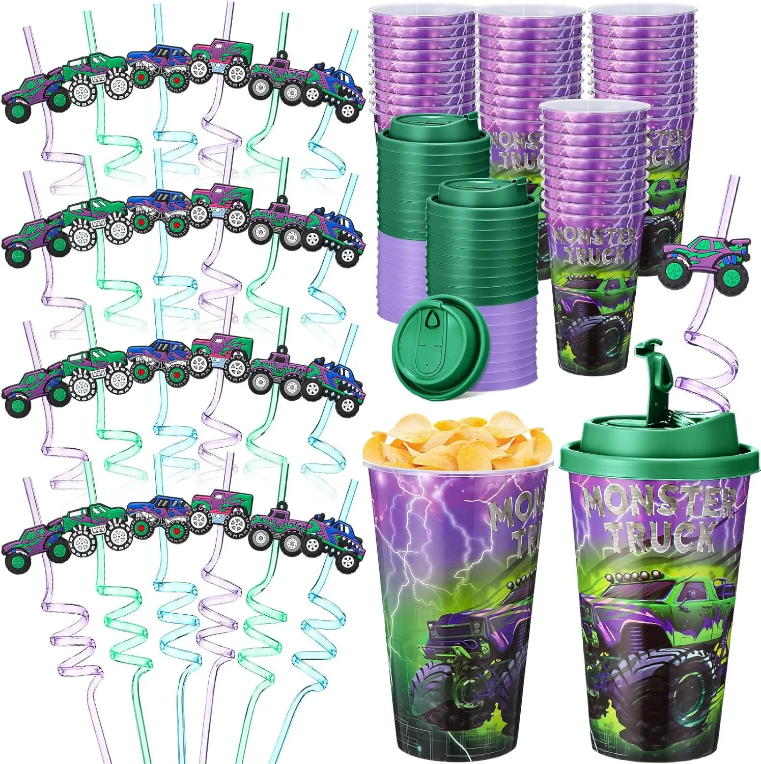 Halloween Fall Gift 16 Sets Green Purple Monster Truck Party Favors Goodie Cups with Lids and Straws for Halloween Party Decorations Reusable 16oz Plastic Candy Cups Plastic Straws for Birthday Gift(Truck)