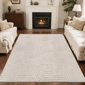 Soft Cozy Arch Pattern High-Low Pile Textured Area Rug 5'3"x7'3" Non Slip Washable Geometric Rug Stain Resistant Contemporary Carpet for Living Room Bedroom Dining Room, Beige