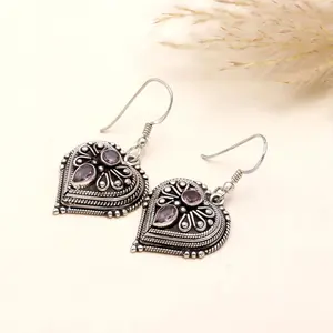 925 Sterling Silver Amethyst Vintage Heart Dangle Earrings