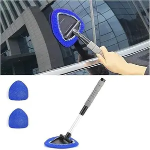 Car Window Cleaner Windshield Cleaning Tool, Windshield Wiper Cleaner with Washable Reusable Microfiber Pads, Auto Glass Mirror Wand Care Kit with Extendable Handle for Car & Home (Blue)