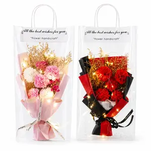 【Mother’s Day】Light-Up Carnation Bouquet Gift Handmade Artificial Flower Bouquet in Clear Gift Bag LED Floral Arrangement for Mom Birthday Anniversary Home Decor