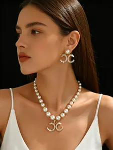 18K Gold Tone Plated 2PCS Jewelry Set (Necklace + A Pair Of Earrings), Hypoallergenic Tarnish Resistant, C-Shape Imitation Pearl & Cubic Zirconia, Elegant Bridal Jewelry for Women, Perfect Gift