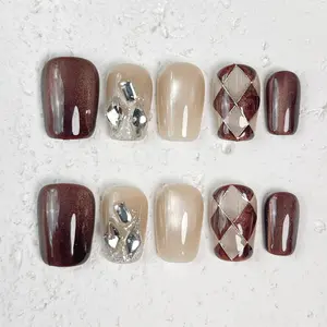 [Mocha Argyle] Short Square Handmade Press on Nails, Fake Nails with Nail tool kit with Jelly Stickers, Reusable, Durable