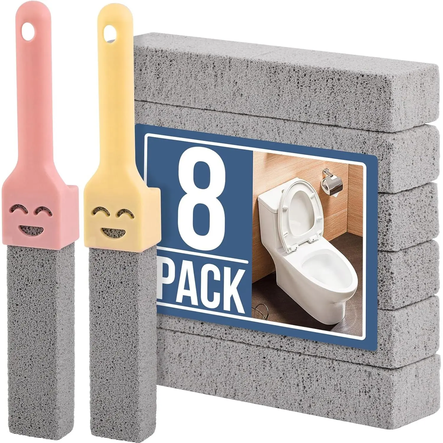 10-Pack Grey Pumice Stone Cleaners with 2 Universal Handles, Toilet Brush & Bathroom Home Kitchen Cleaning Supplies