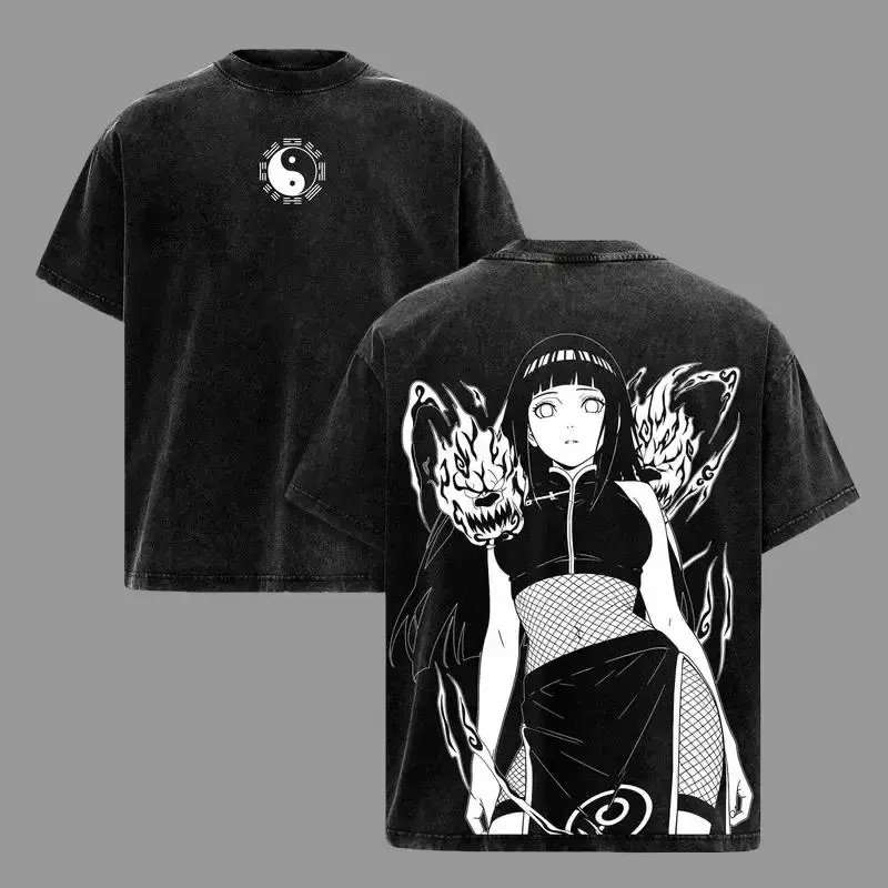Unisex Naruto Hinata Hyuga Byakugan Princess Vintage Washed Cotton Shortsleeve Round Neck Tshirt - Hyuga Clan Gentle Fist Graphic 90s Top, Gift for Anime Manga Fans