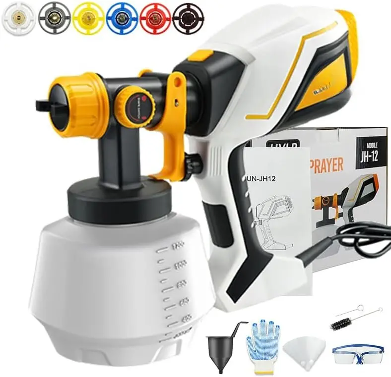 Sprayer 1000W HVLP Electric Spray   with 6 Copper Nozzles and 3 Spray Patterns 1200ML High Capacity Container for Furniture, Fences, Walls, Garage Doors (Yellow), 10'X 12' Wall