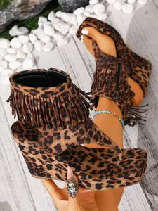 Women's Leopard Print Fringe Indoor Outdoor Sandals, Waterproof Thick Sole Flip Flops, Summer Outdoor Fashion Shoes, Above Ankle but Below Knee