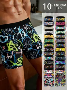 Men's Cartoon Graffiti Pattern Fitted Briefs Set of 10, Elastic Breathable Waistband, Casual Daily Wear, Random Designs, All Seasons, Daily Casual Underwear, Street Style Underwear, Underwear Boxer Briefs