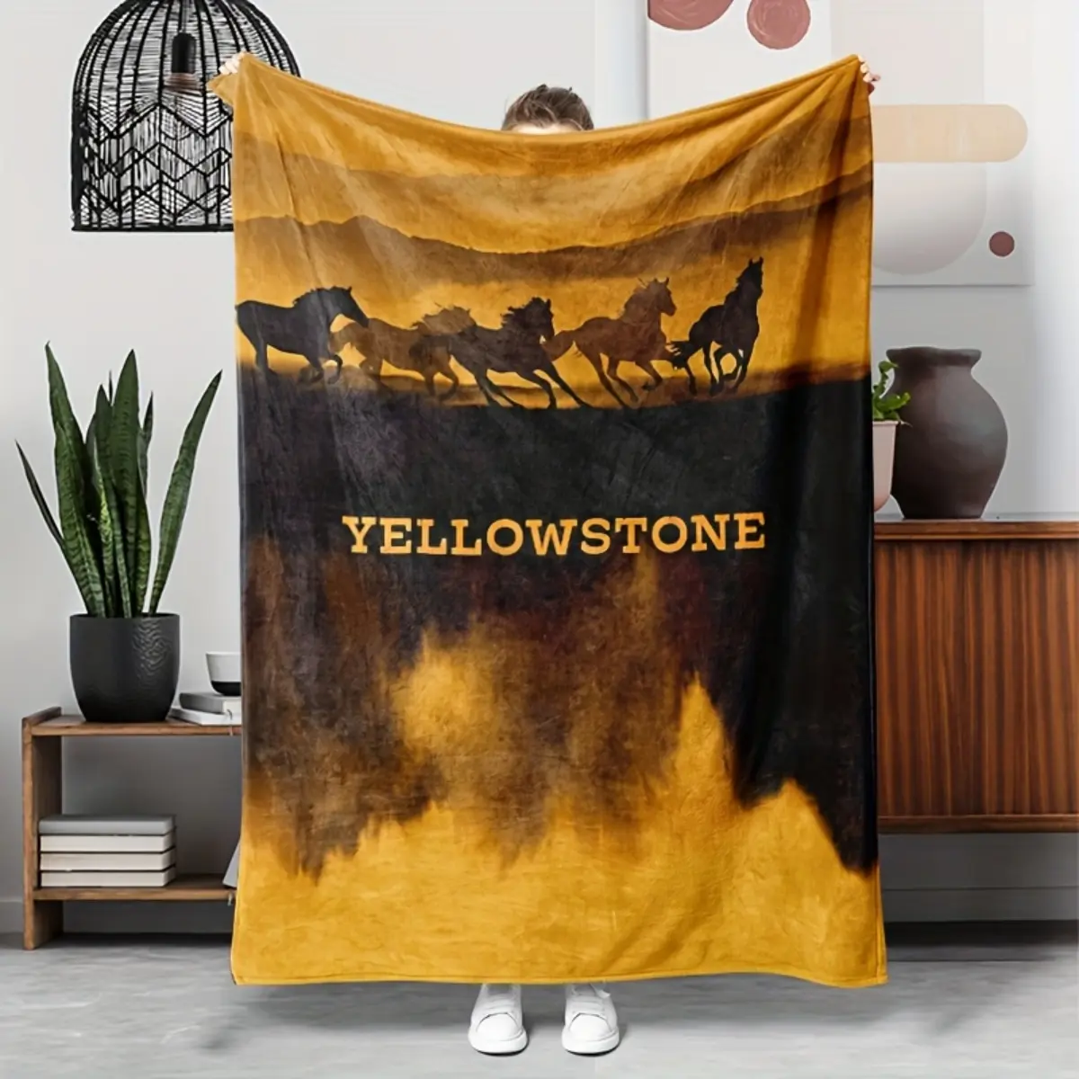 1PC Soft Yellowstone Pattern Flannel Throw Blanket - 100% Polyester Woven Digital Print Mixed Colors, Retro Design, Breathable Durable Machine Wash Blanket for Family Nap, Sofa (All Seasons)